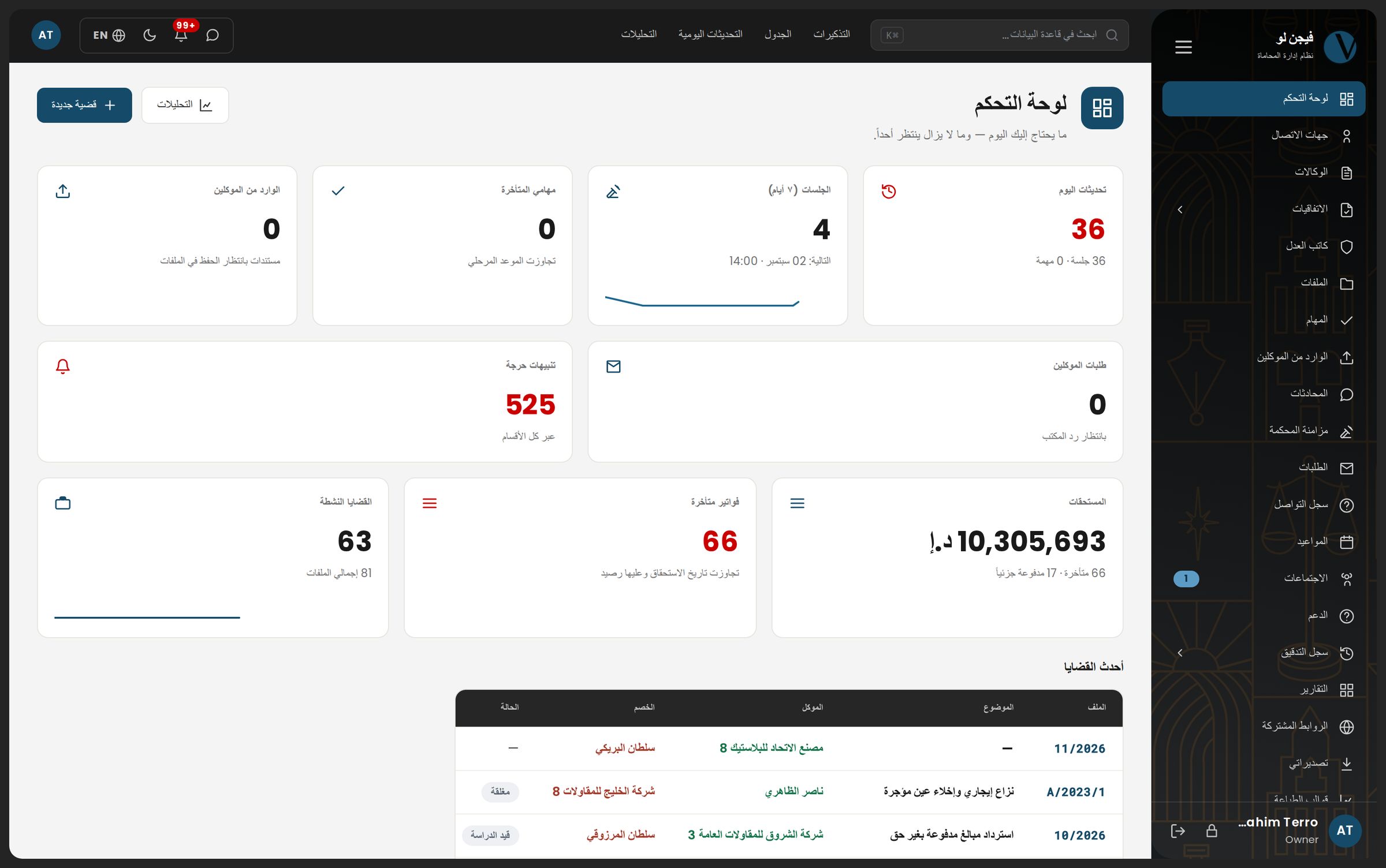 The Vision Law dashboard, Arabic interface: what needs doing today — updates, hearings, tasks and dues