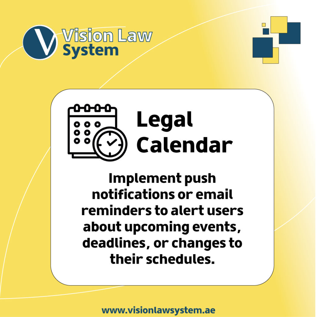 Leading legal software vision law system legal calendar feature “Implement push notifications or email reminders to alert users about upcoming events, deadlines, or changes to their schedule” لإدارة مكاتب المحاماه مكتب محامي محامي مكتب محاماة legal software uae Vision Law System remains the #1 legal case management system for lawyers, law firms, legal offices if we're talking about the best law system in uae and law software in uae. The software legal uae realm is shaken by the top-notch services this case management system provides to the legal industry and the legal tech industry.				
				
				
				